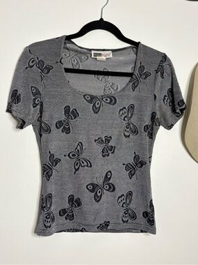 Gray Butterfly Print Scoop Neck Top